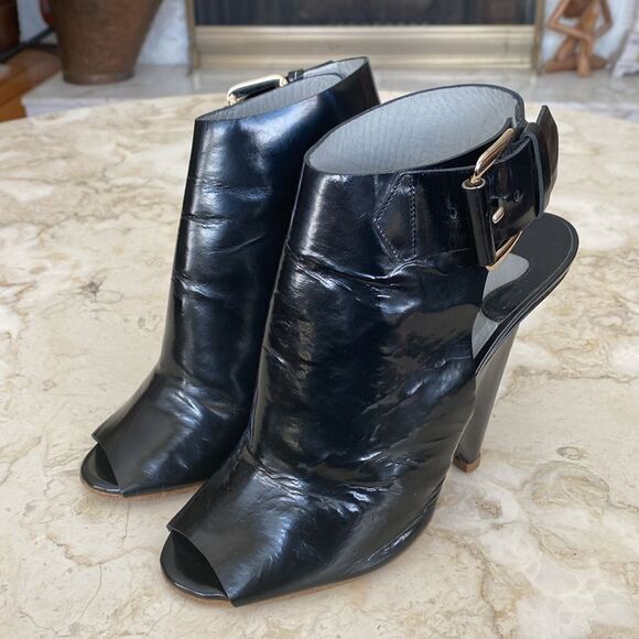 Chloe Black Patent Leather Peep-Toe Buckle Accent Heels - Picture 5 of 14